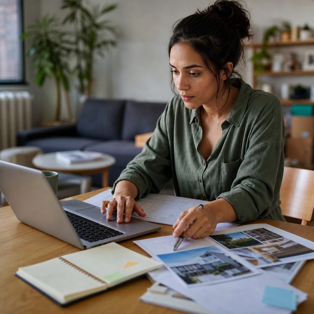 Photorealistic scene of a tenant searching for rental options on a laptop with budget documents and planning tools in a modern apartment interior.