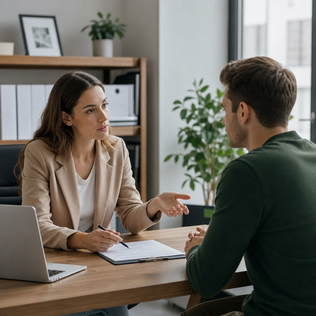 Photorealistic editorial image of a landlord and tenant discussing rental application documents in a modern apartment office, showing appropriate information requests and privacy-conscious paperwork.