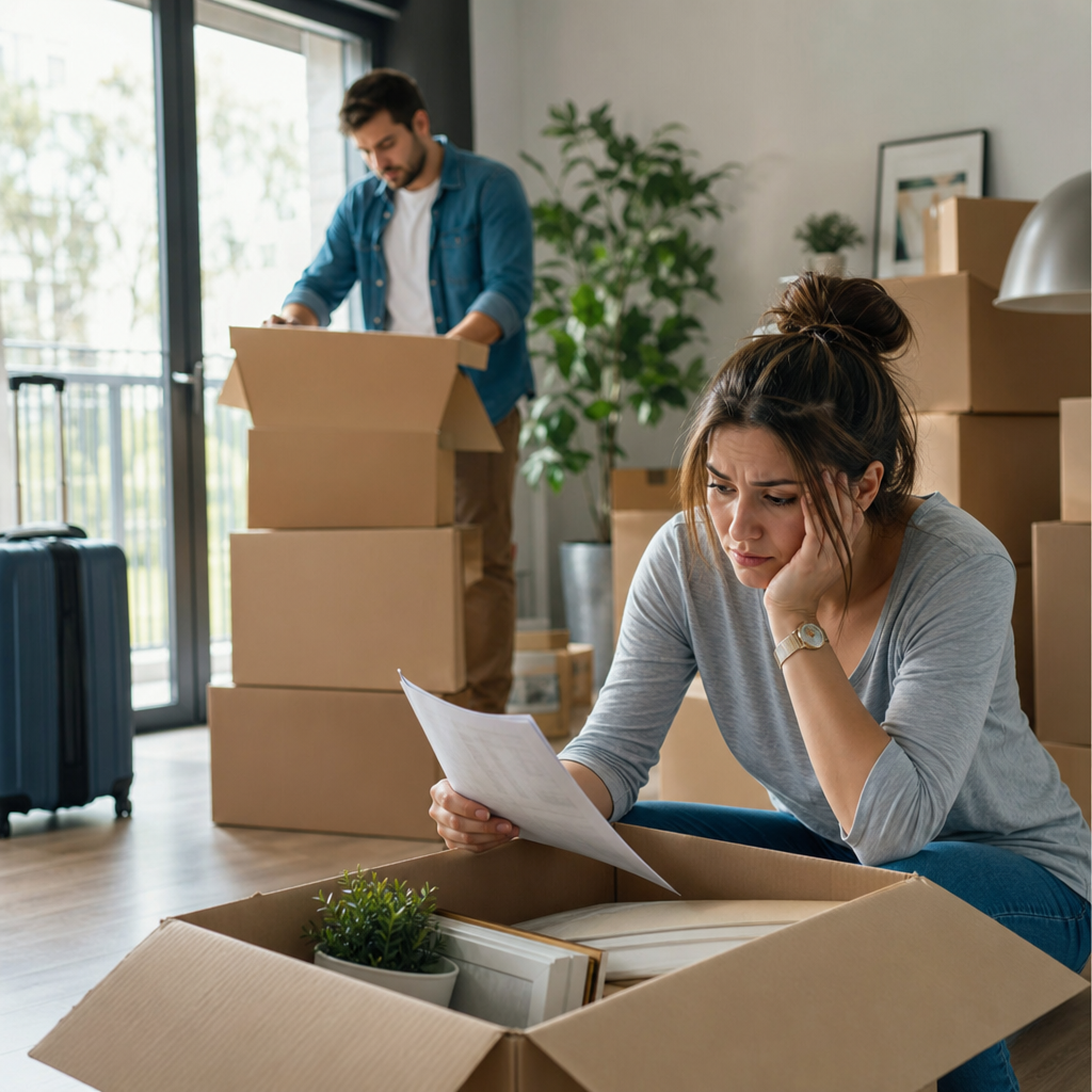 Photorealistic scene of a relocating employee and HR representative discussing a rental apartment in a modern city setting with luggage, keys, and lease documents.