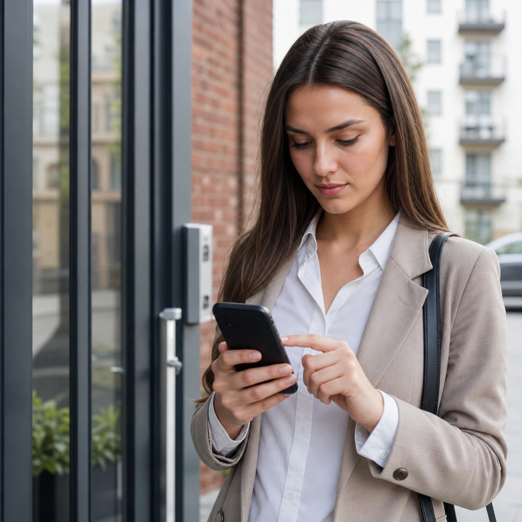 Real estate agent checking a smartphone calendar while meeting two buyers outside a home, illustrating how to avoid double-booked viewings and wasted trips.