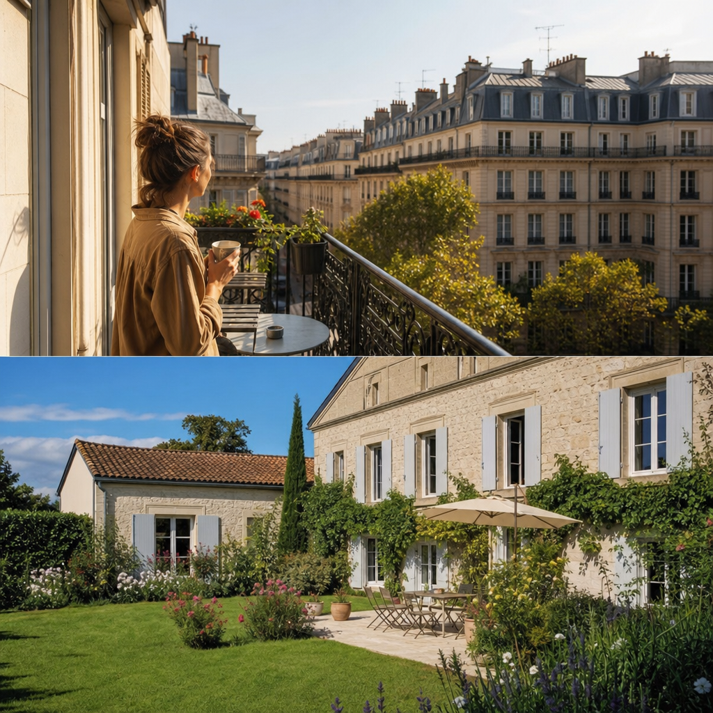 Photorealistic editorial image of a person comparing temporary furnished rental and permanent home options while relocating to France.