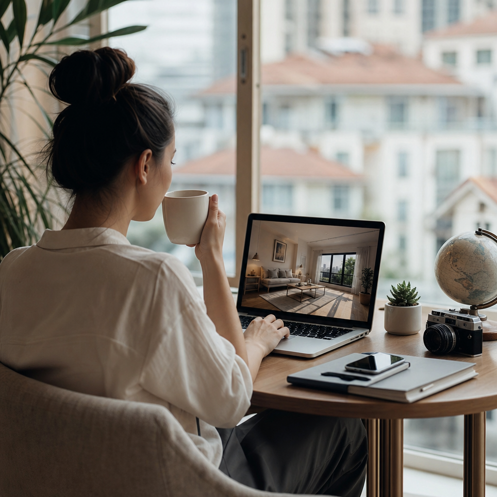 Photorealistic scene of a person renting an apartment remotely from another country using a laptop, smartphone, and travel documents in a modern interior.