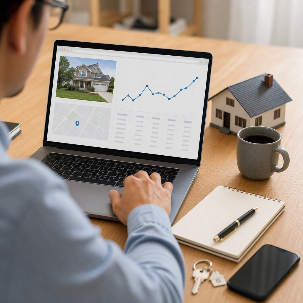 Modern office scene showing a laptop and smartphone with a property listing price trend chart to illustrate tracking a listing's price history.