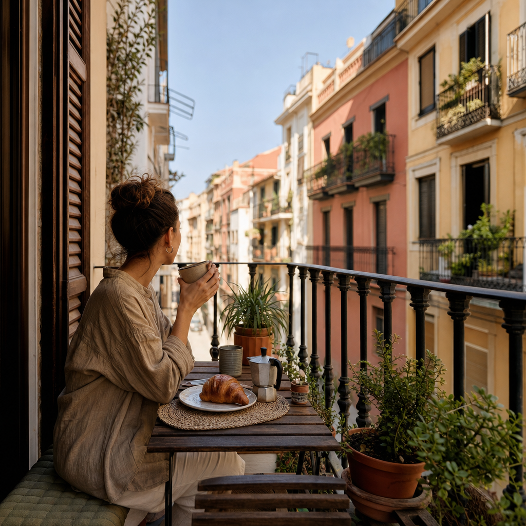 Photorealistic editorial image of a tenant and landlord discussing rental paperwork in a sunlit Spanish apartment with Mediterranean details, showing cultural quirks of renting in Spain.