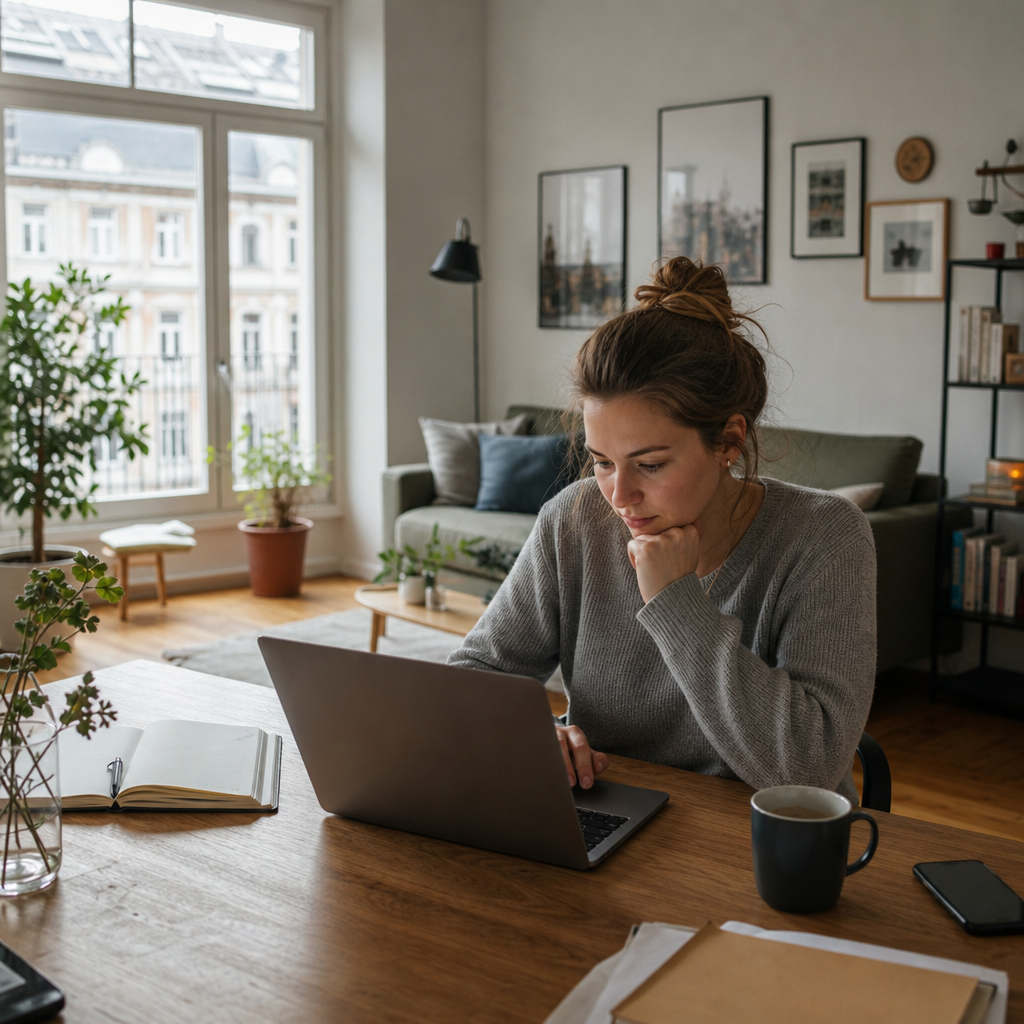 A modern photorealistic scene of people searching for an apartment to rent in Munich without an agency, with a laptop, phone, keys, and city details in the background.