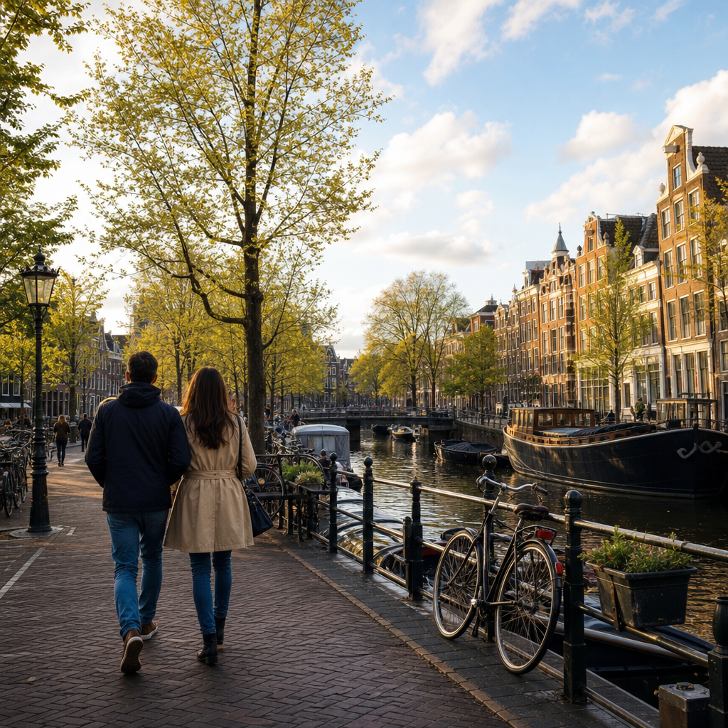 Expats researching a Dutch neighborhood with a map and smartphone near brick row houses and bicycles in the Netherlands.