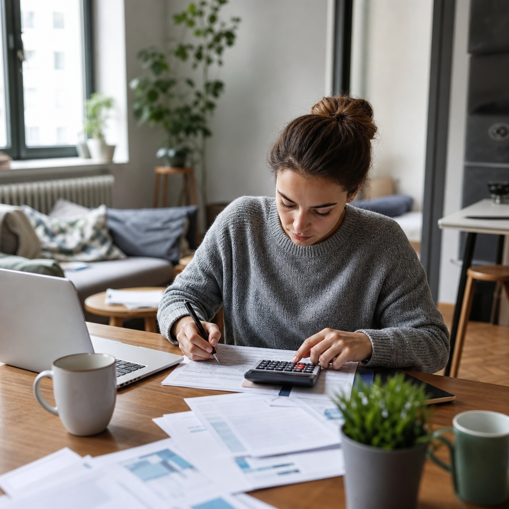 Young adult planning a first rental budget in Belgium at a modern apartment table with calculator, laptop, and moving-in documents.