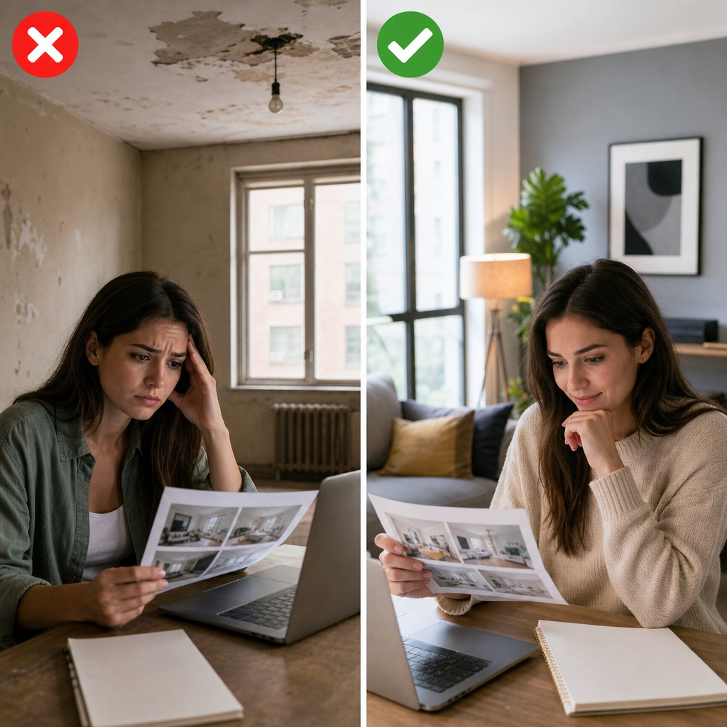 Prospective renter reviewing a rental listing in a bright apartment, visually comparing green flags like good maintenance and natural light with red flags like wear, dampness, and poor upkeep.