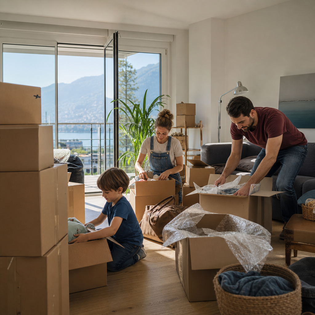 Family of four moving into a modern Swiss apartment with moving boxes and Alpine views, representing renting with a family when relocating to Switzerland.