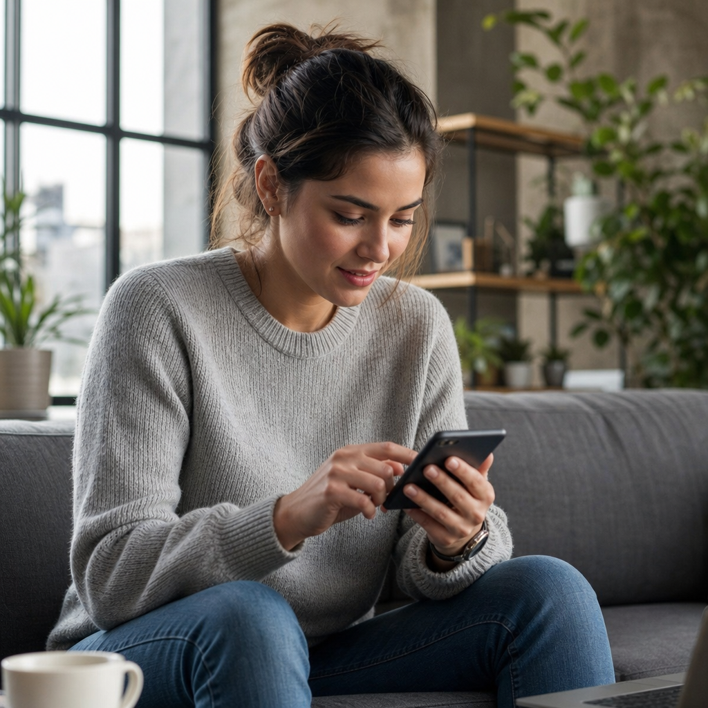 Photorealistic modern scene of a focused person quickly replying to a new real estate listing on a laptop and smartphone in a stylish apartment.