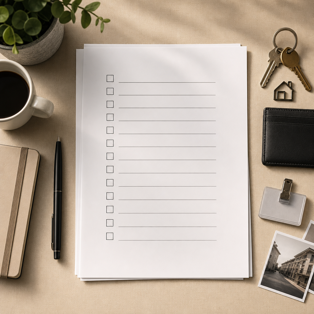 Photorealistic rental application checklist workspace with documents, keys, laptop, and Geneva city view in the background.