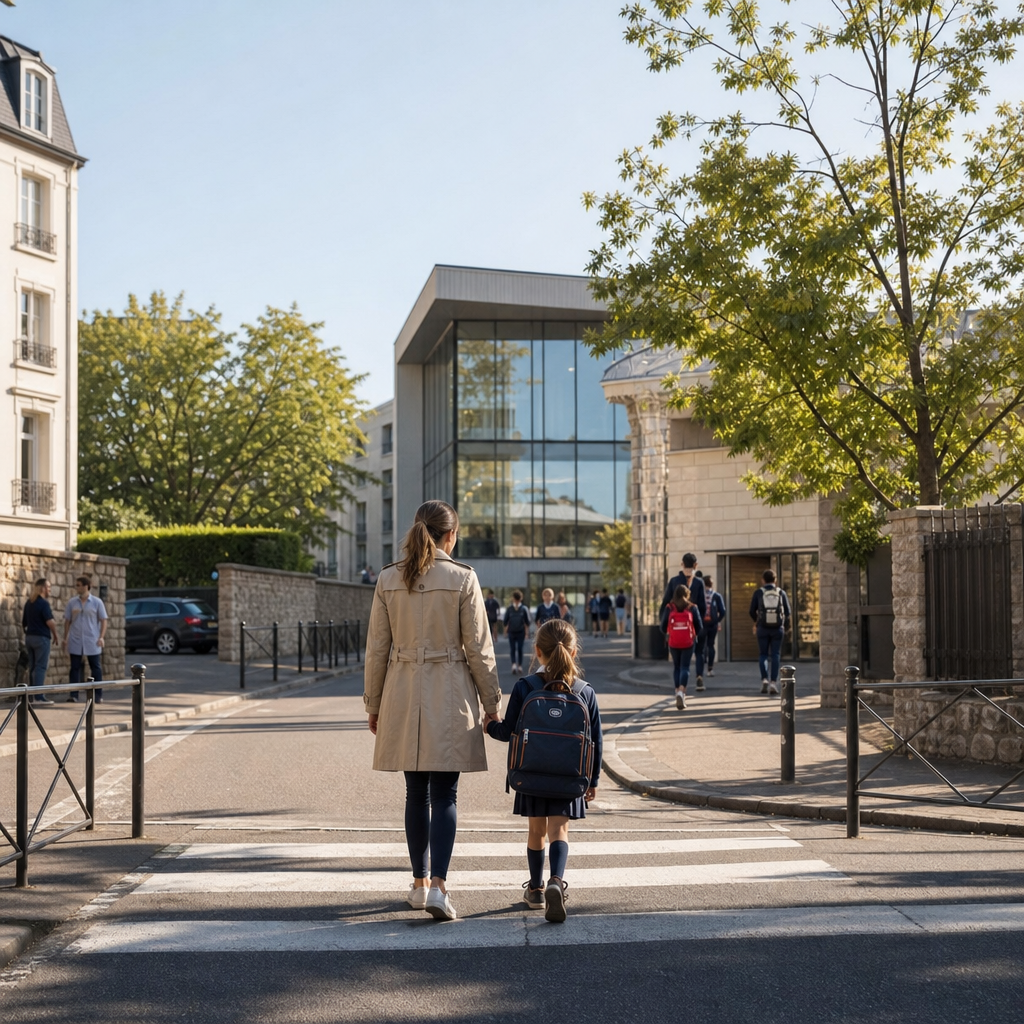 Photorealistic family apartment rental near an international school in France with parents and children in a modern urban setting.