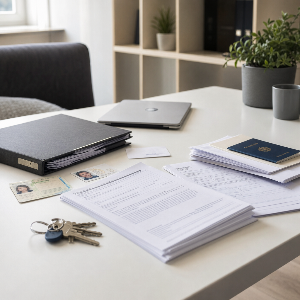 Young couple and rental agent reviewing apartment rental documents in a modern Berlin apartment, illustrating what documents are needed to rent an apartment in Germany.