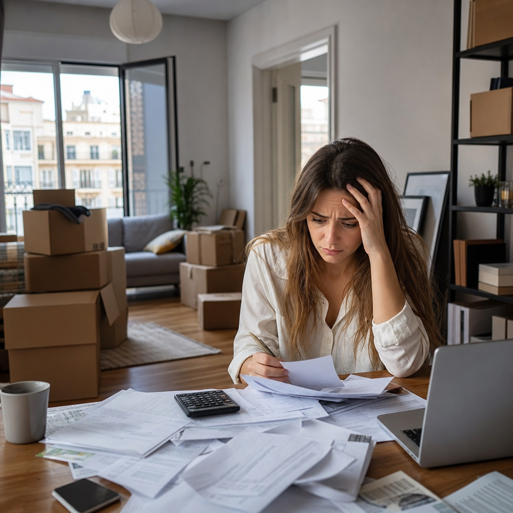 Photorealistic image of renters moving into a Spanish apartment with boxes, documents, and a stressed couple, illustrating common relocation mistakes in Spain.