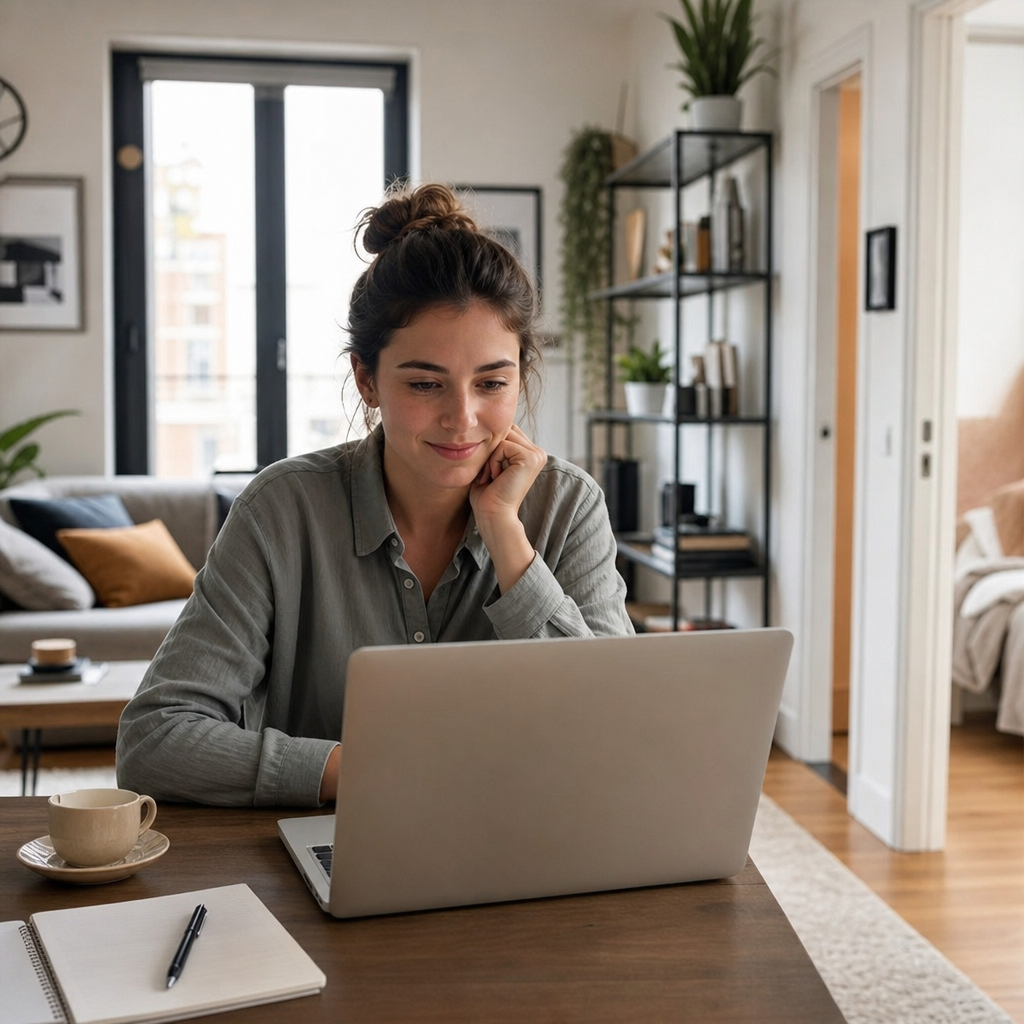 Photorealistic image of a renter planning apartment searches with a calendar, laptop, and smartphone in a modern home setting, showing the best times of the week and month to look for rentals.