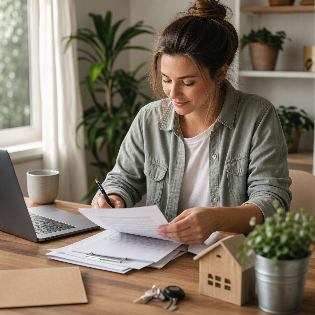 Photorealistic image of a newcomer organizing rental documents at a desk to build a trustworthy rental profile for landlords.
