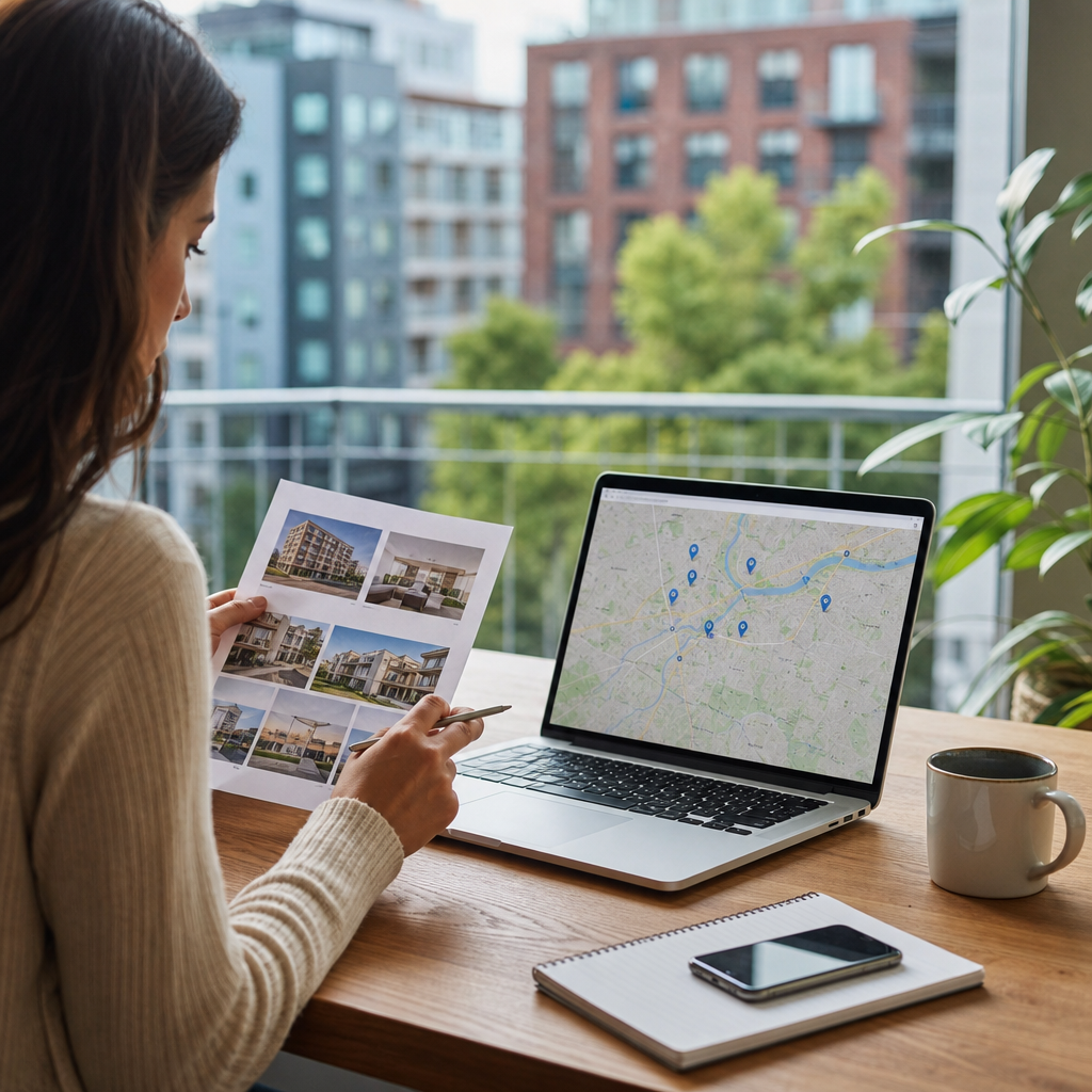 Photorealistic editorial scene of a real estate analyst comparing rental prices across different neighborhoods using maps, charts, and a laptop in a modern apartment office.
