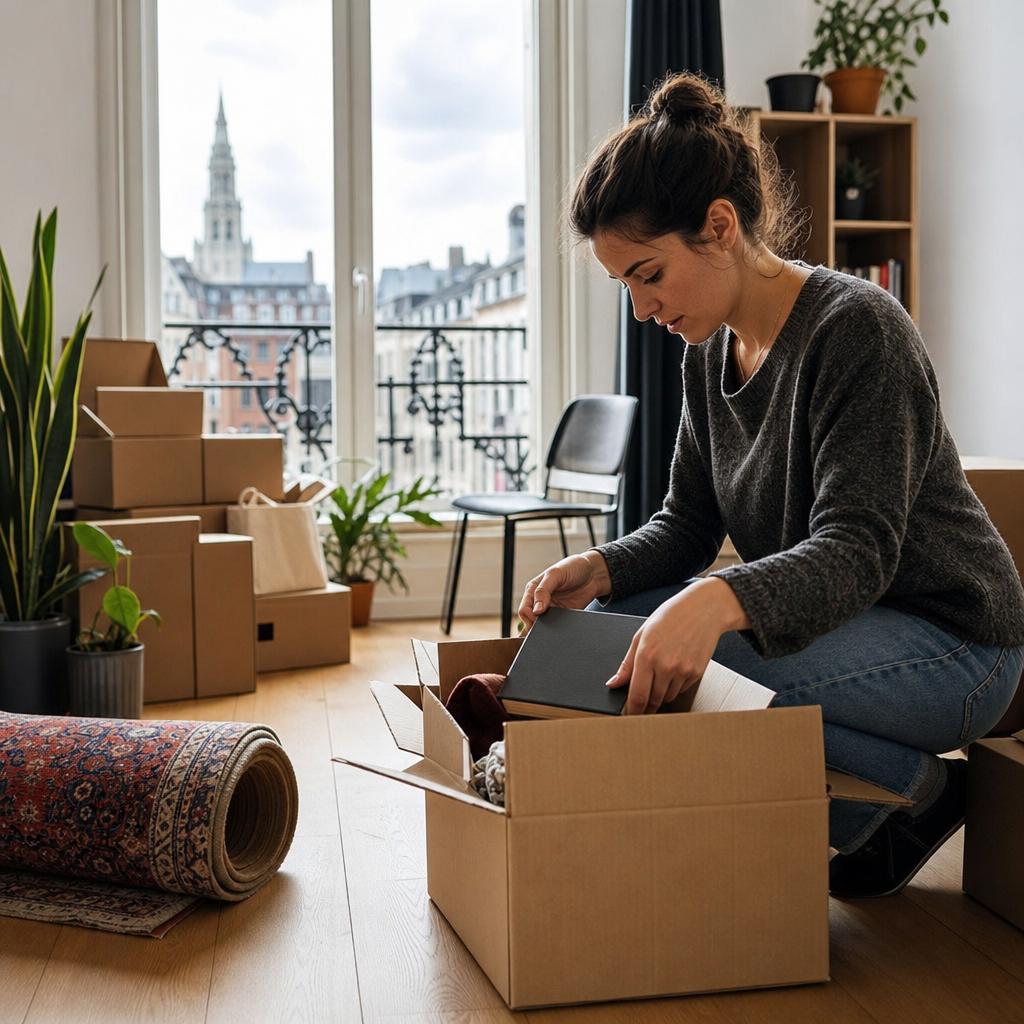 Photorealistic editorial scene of a renter unpacking in a Brussels apartment with boxes, keys, paperwork, and Belgian city details for a first-month survival guide.