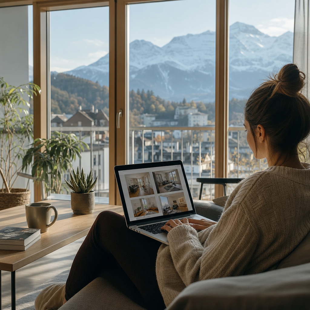 Photorealistic modern workspace with laptop, rental documents, smartphone video call, passport, and Swiss apartment imagery showing how to rent in Switzerland before arrival.