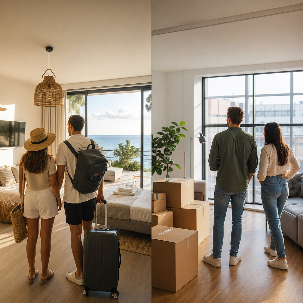 A modern photorealistic scene showing a person comparing short-term and long-term rental options in a stylish apartment with travel items on one side and settled home furnishings on the other.