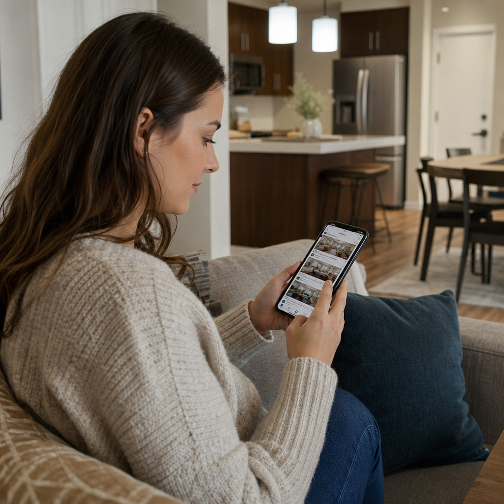 A modern photorealistic scene of people browsing rental listings in a social media group on a laptop and smartphone, showing apartments and houses for rent.