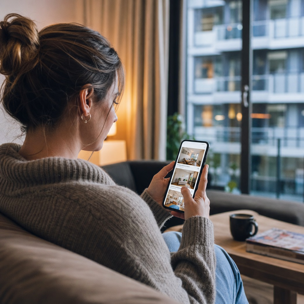 Photorealistic editorial image of a renter using a laptop and smartphone to browse early rental listings in a modern apartment setting.