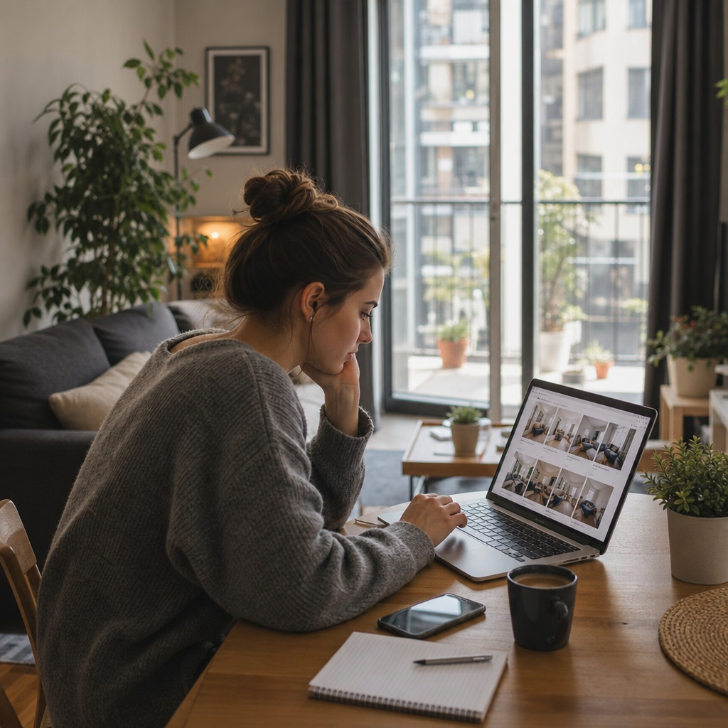 Photorealistic modern apartment scene showing a person searching Facebook for a room for rent without using an agency.