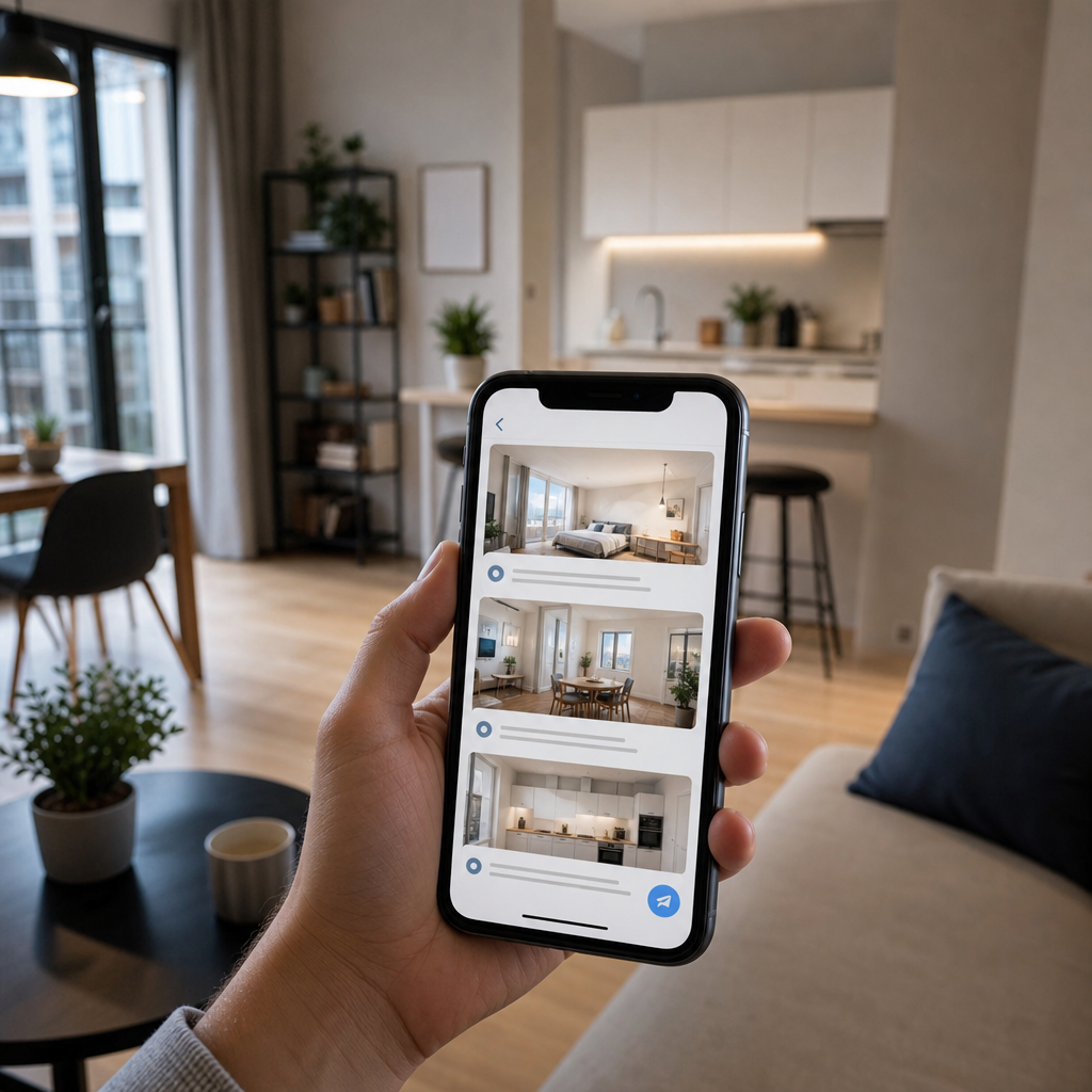 Photorealistic editorial scene of a person browsing rental apartment listings on a smartphone in a modern apartment interior, representing Telegram messenger channels for finding flats to rent.