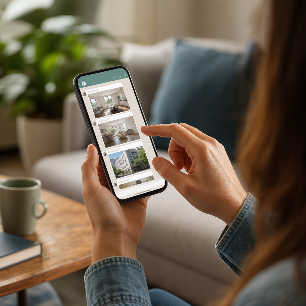 Photorealistic editorial image of people sharing apartment rental listings on smartphones in a modern living room, representing housing offers circulating in private WhatsApp groups.