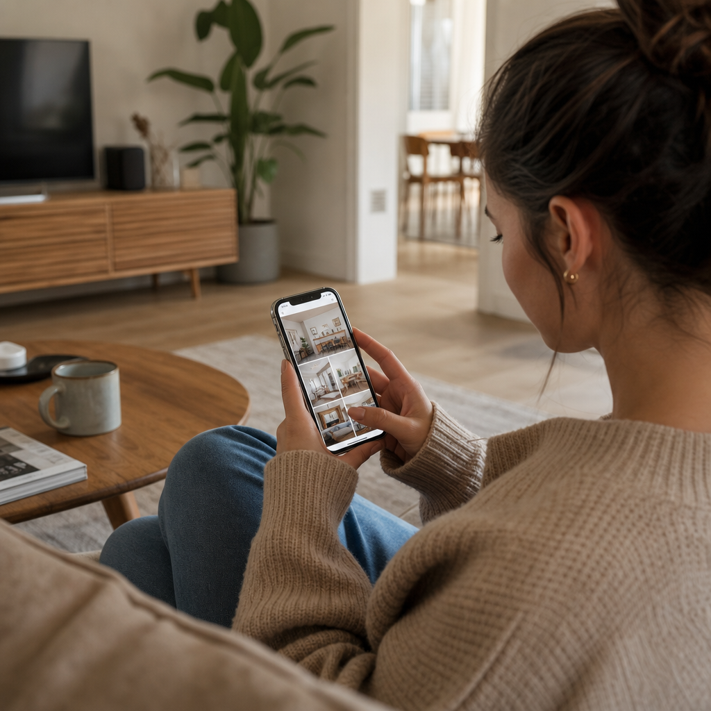 Young renter browsing Instagram on a smartphone while searching for apartment rentals in a modern, sunlit living room with laptop and decor