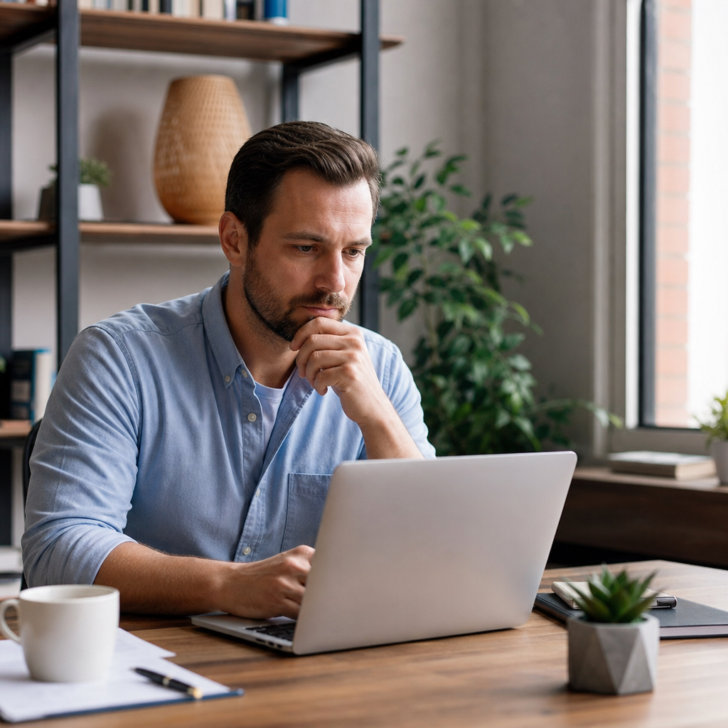 Photorealistic landlord using a laptop on a modern desk with rental forum-style listings and property tools, illustrating owners posting before major rental portals.