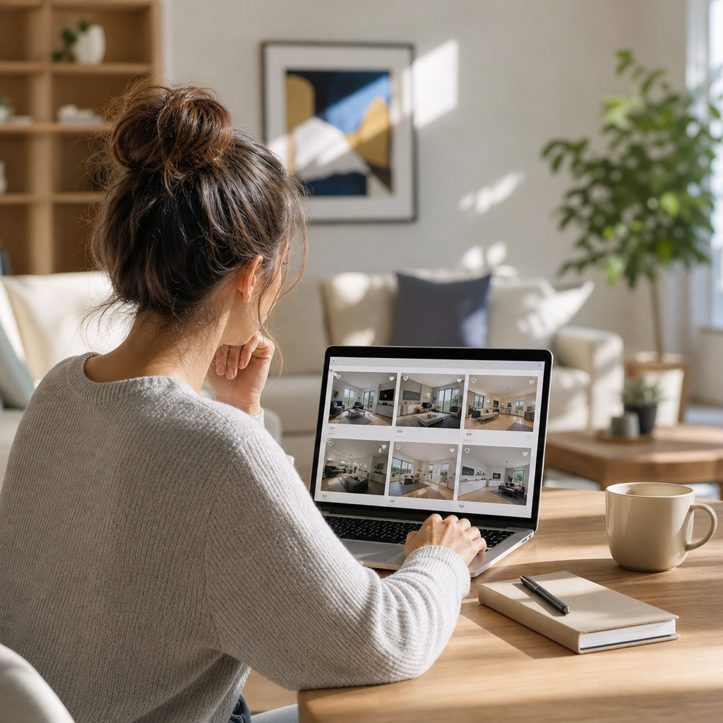 Photorealistic scene of a couple comparing rental housing websites on a laptop and tablet in a modern apartment.