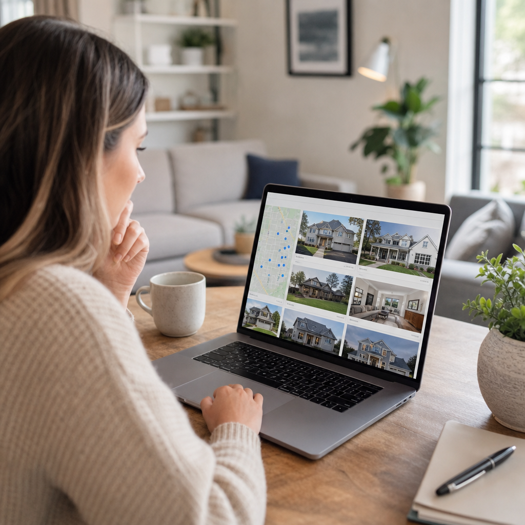Photorealistic scene of a person comparing rental property websites on a laptop and phone while searching for apartment listings in a modern home office.