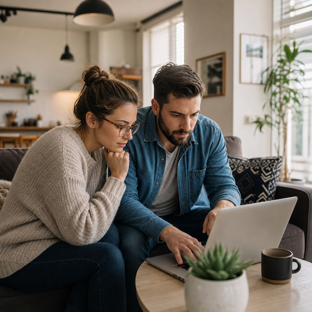 Diverse adults reviewing community apartment listings with housing forms and a laptop in a modern apartment office.