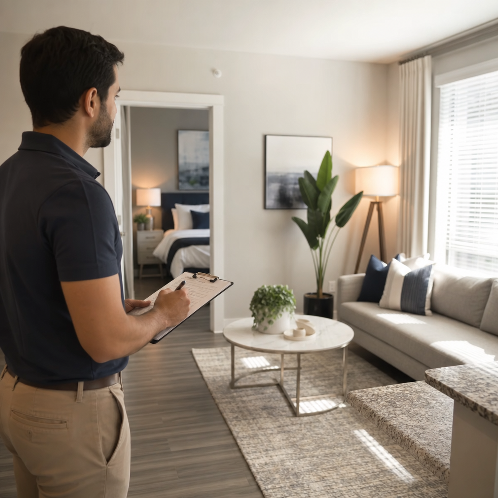 Modern real estate professional reviewing a manually verified rental listing in a stylish apartment, representing curated rental properties and trusted housing searches.