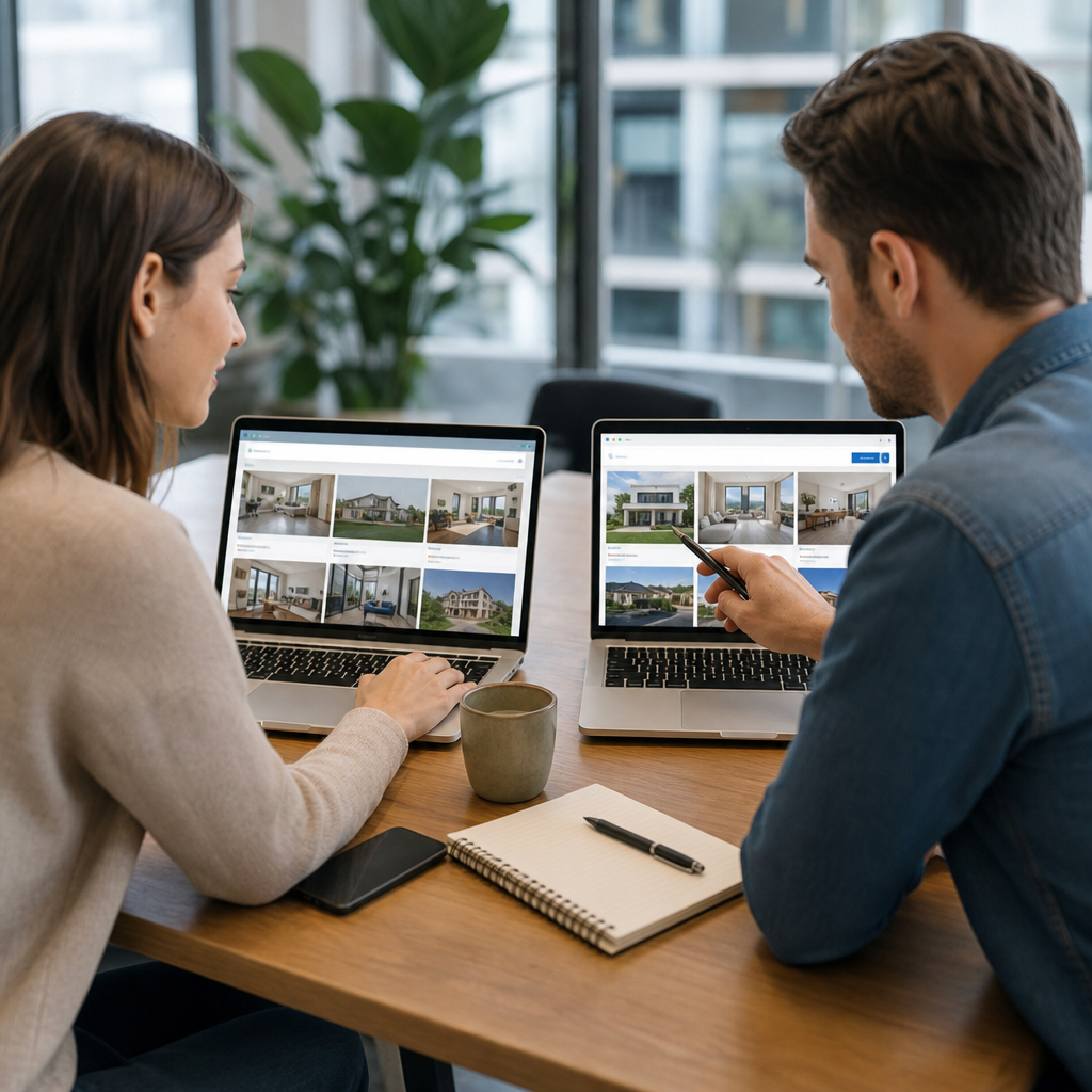 Modern photorealistic workspace showing a direct rental website beside an aggregator platform on multiple devices, illustrating the difference between booking directly and comparing many listings.