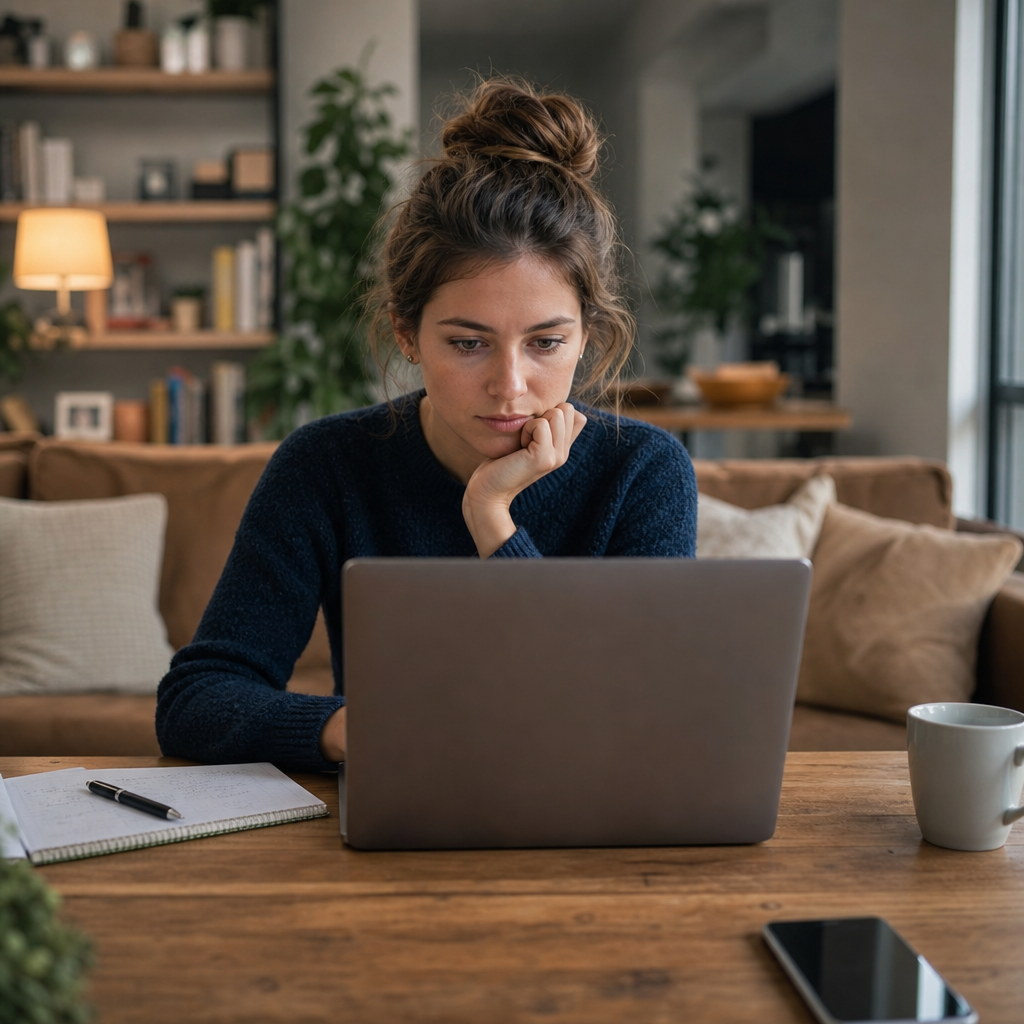 Photorealistic modern workspace showing a person efficiently searching for rental housing across multiple sources on a laptop, phone, and monitor in an organized home office.