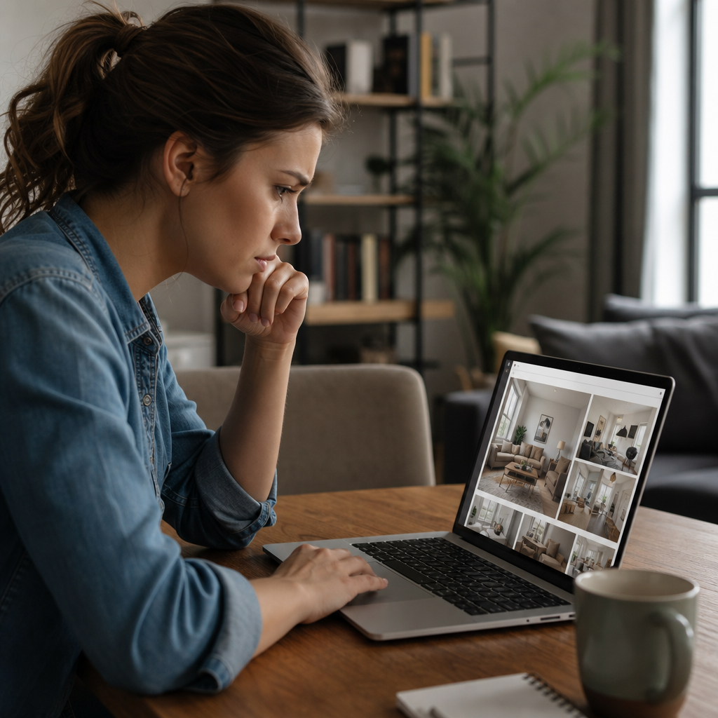 Photorealistic scene of a person reviewing rental listings on a laptop and phone to spot fake housing posts in social media groups.