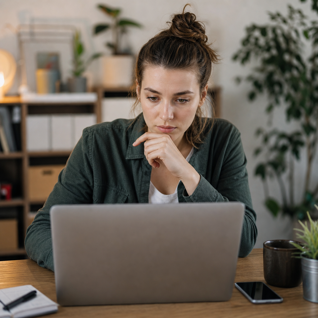 Photorealistic scene of a person verifying a rental listing on a laptop and phone before replying to a forum post, with cross-checked screens and checklist notes.