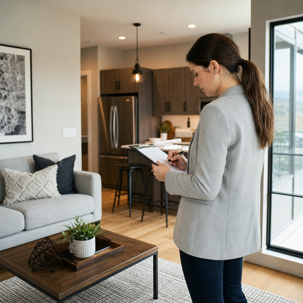 Photorealistic editorial image of a rental listing verification specialist reviewing property details on a tablet and documents to filter out fraudulent listings.