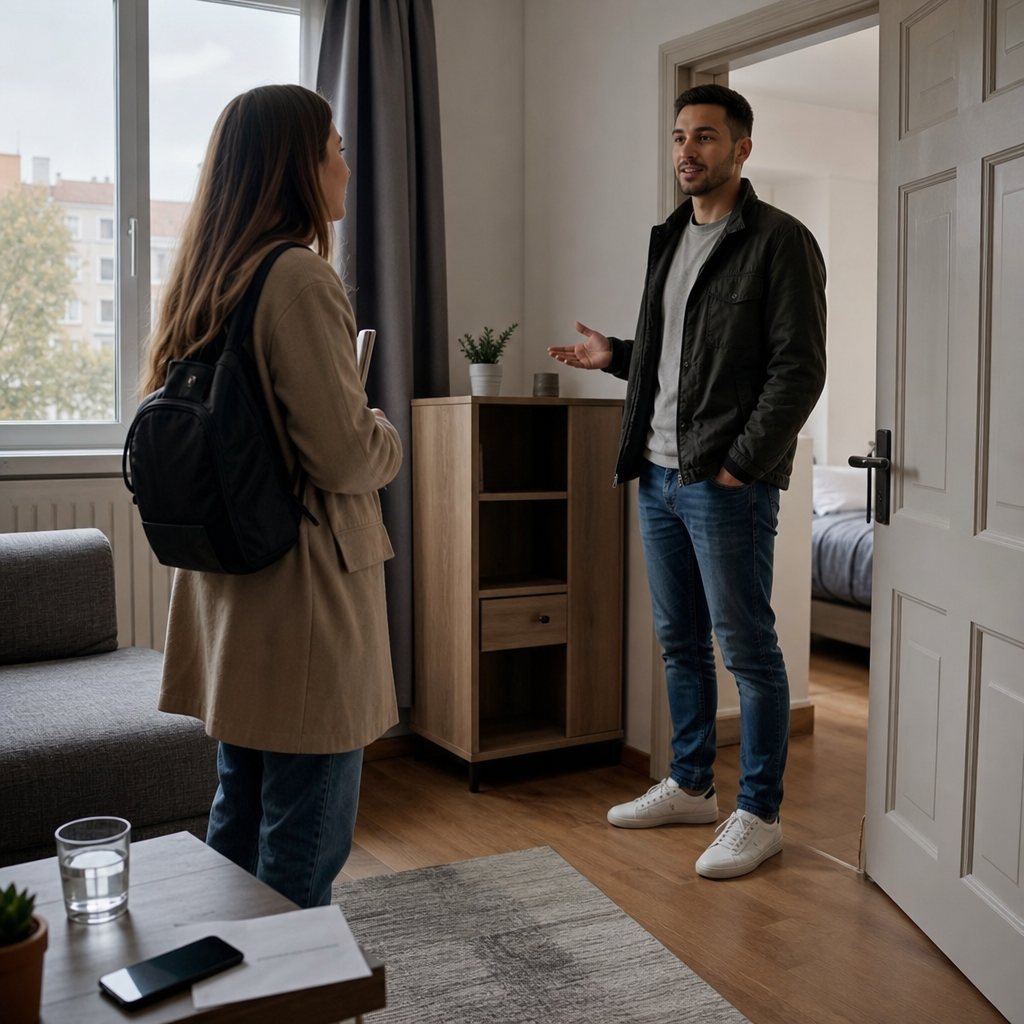 Photorealistic scene of a renter reviewing apartment documents and a phone listing in a modest urban apartment, illustrating how to find low rent safely without scams.