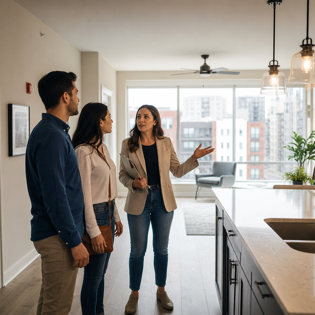 Photorealistic editorial scene of people searching for apartments and houses across the USA with a map, laptop, and moving boxes.