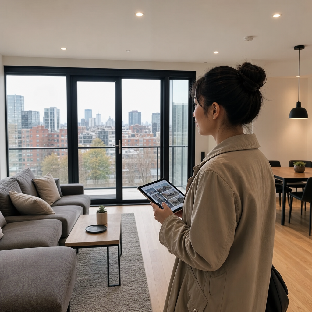 A newcomer searching for flats to rent in England on a smartphone outside a London-style residential building.
