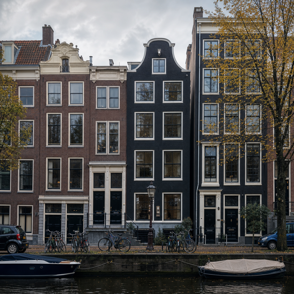 Photorealistic editorial scene of people searching for rental houses in the Netherlands on a smartphone and laptop in front of Dutch canal homes