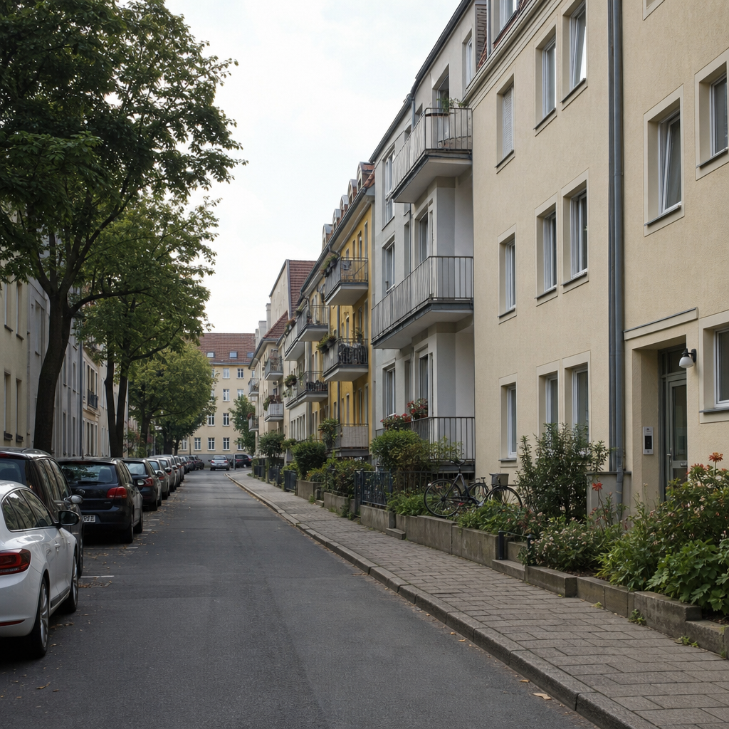 Photorealistic editorial image of a Berlin apartment interior with a person searching German rental listings on a laptop and smartphone, with city housing visible through the window.