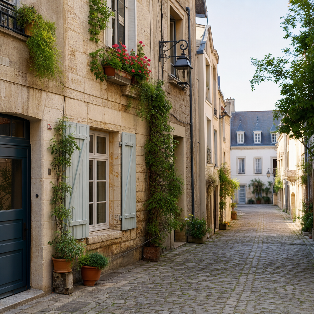 Photorealistic editorial scene of a French house rental search with a smartphone listing grid, a map interface, and Parisian-style buildings in the background.