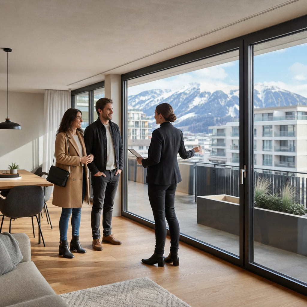 Photorealistic Swiss apartment building with a tenant viewing the property, illustrating the rental housing market in Switzerland.