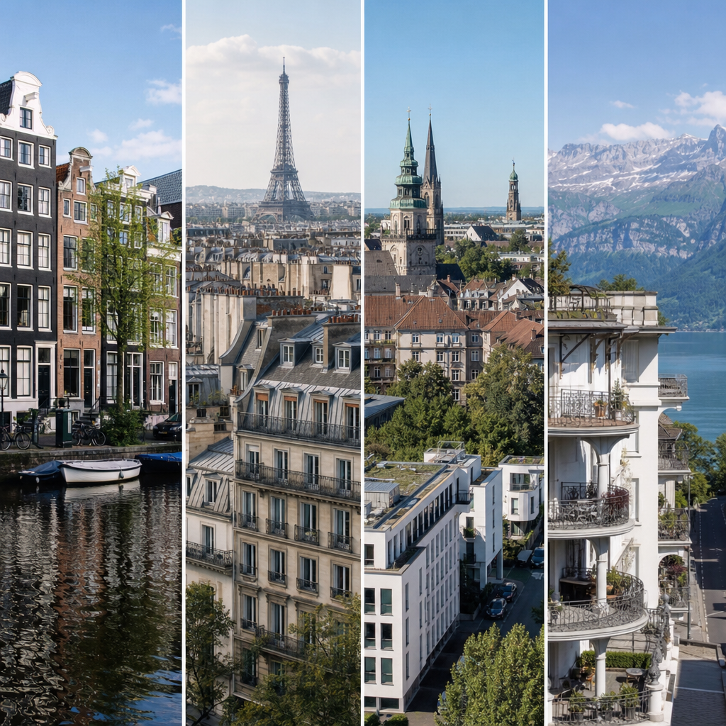 Photorealistic editorial collage comparing rental housing markets in the Netherlands, France, Germany, and Switzerland with apartment scenes, tenants, and urban architecture.
