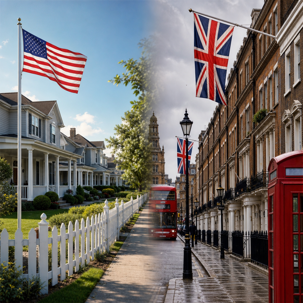 Photorealistic split scene comparing rental home searches in the USA and the UK with different house styles and property layouts.