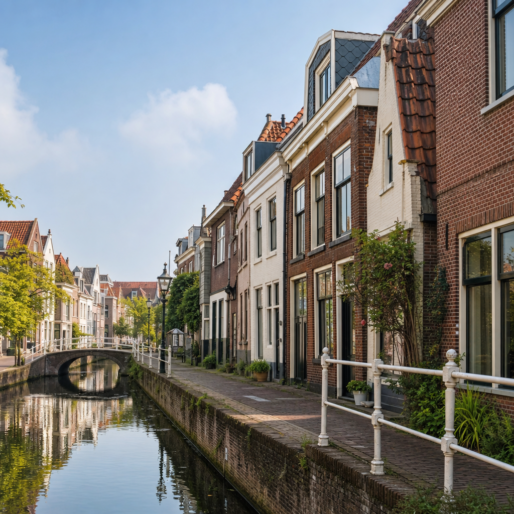 Photorealistic editorial image of people searching for rental homes in the Netherlands beyond Amsterdam, with Dutch city streets, bicycles, and modern apartments.
